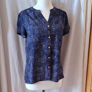 Dana Buchman Blue black floral v-neck button up blouse boho  sz med